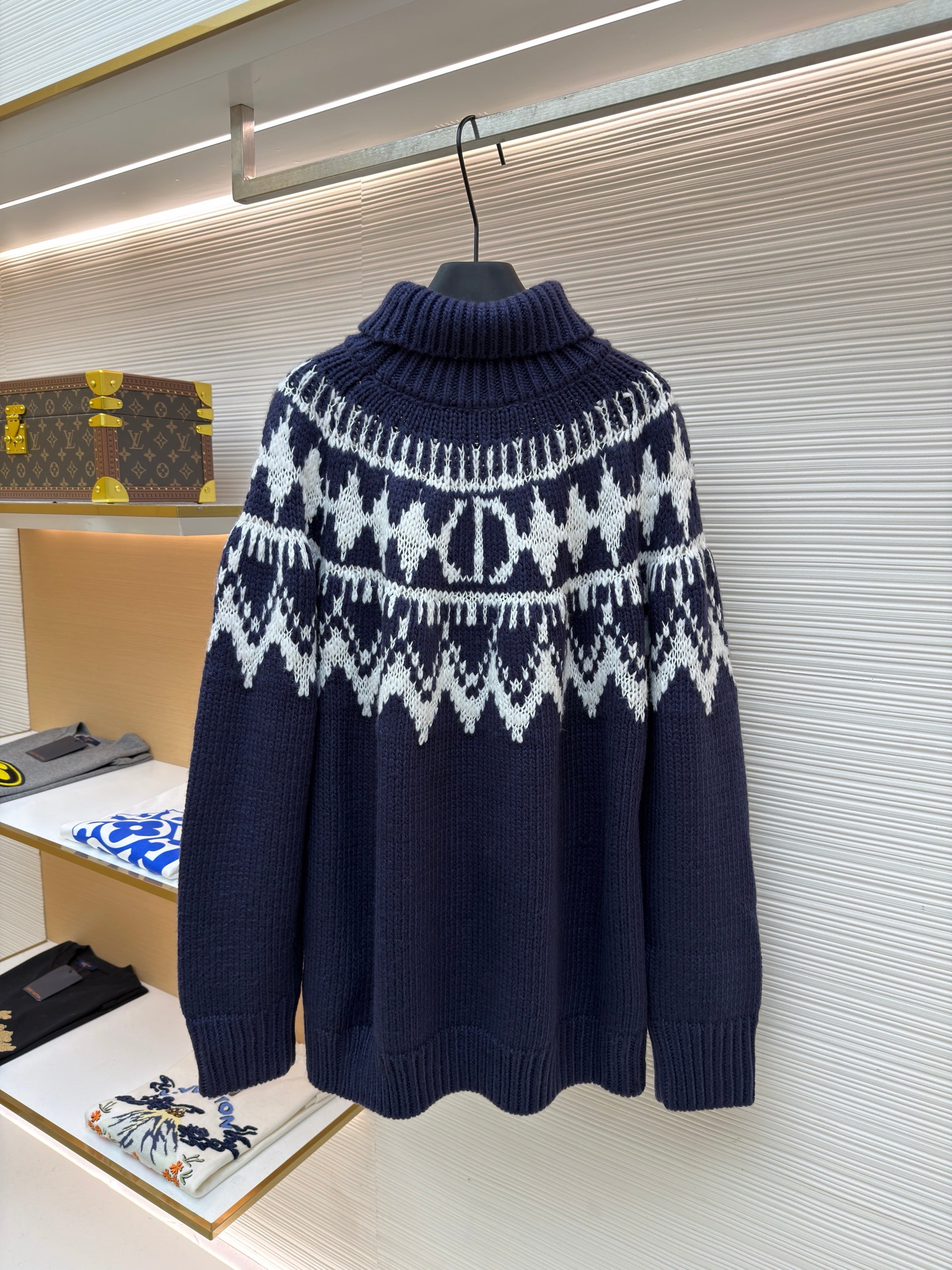 Pull col roulé Cd Maille d'alpaga, laine et coton bleu marine et blancs