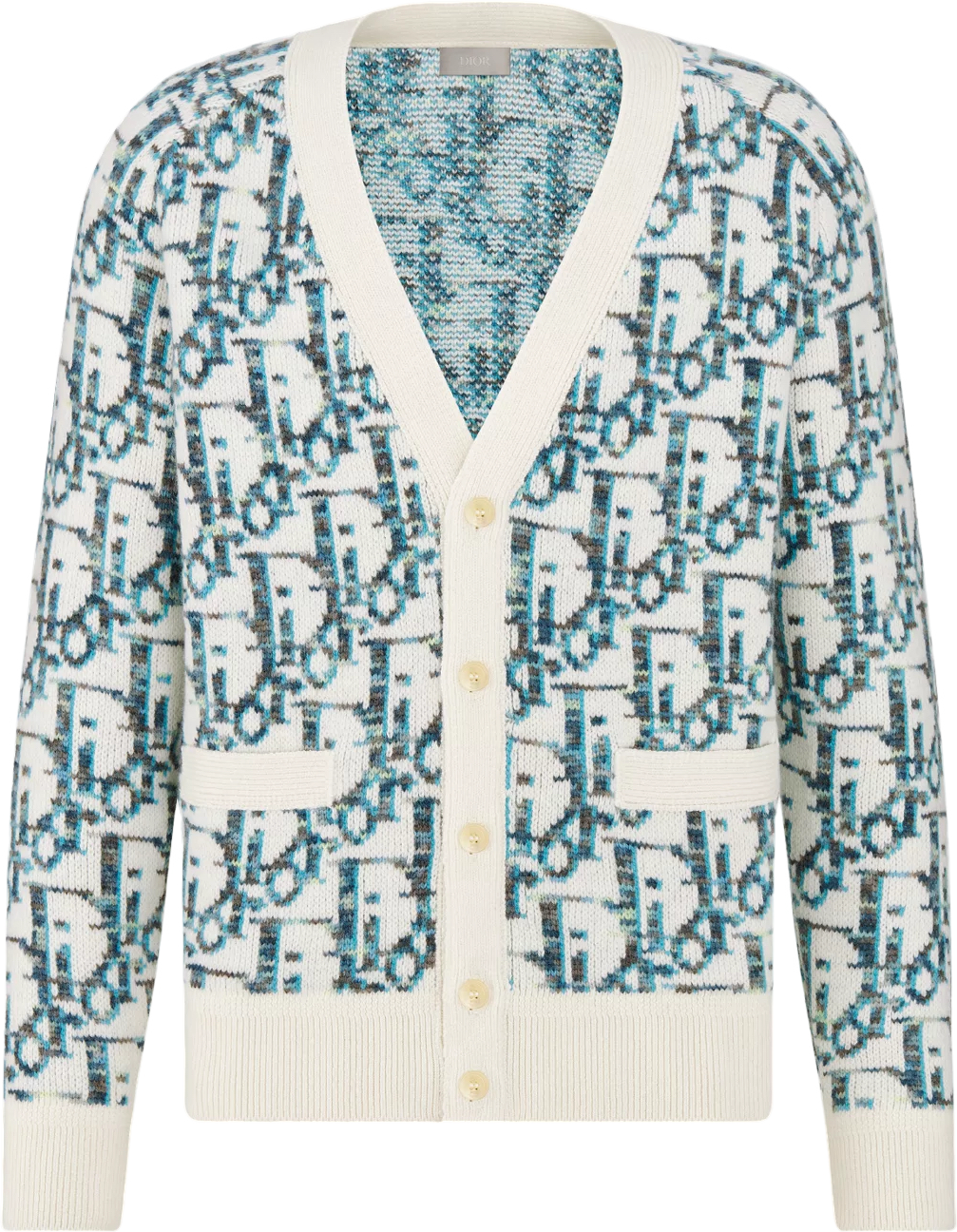 Cardigan CD Oblique Jacquard de laine vierge blanche et bleue