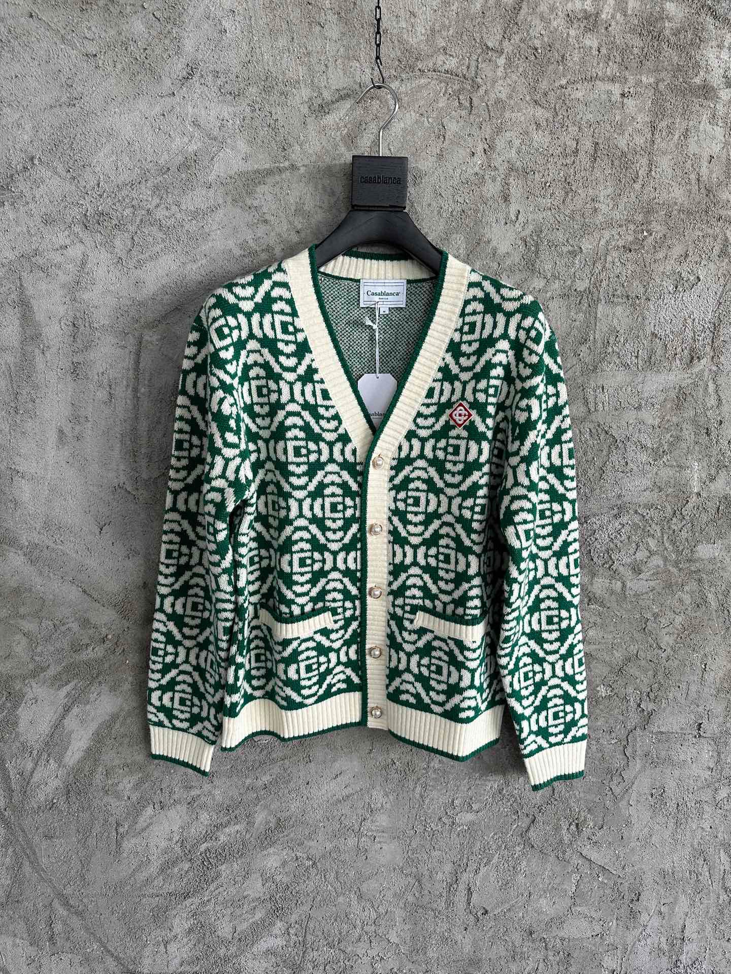 Casa Cardigan Vert et Blanc à motif à Logo en tricot Jacquard