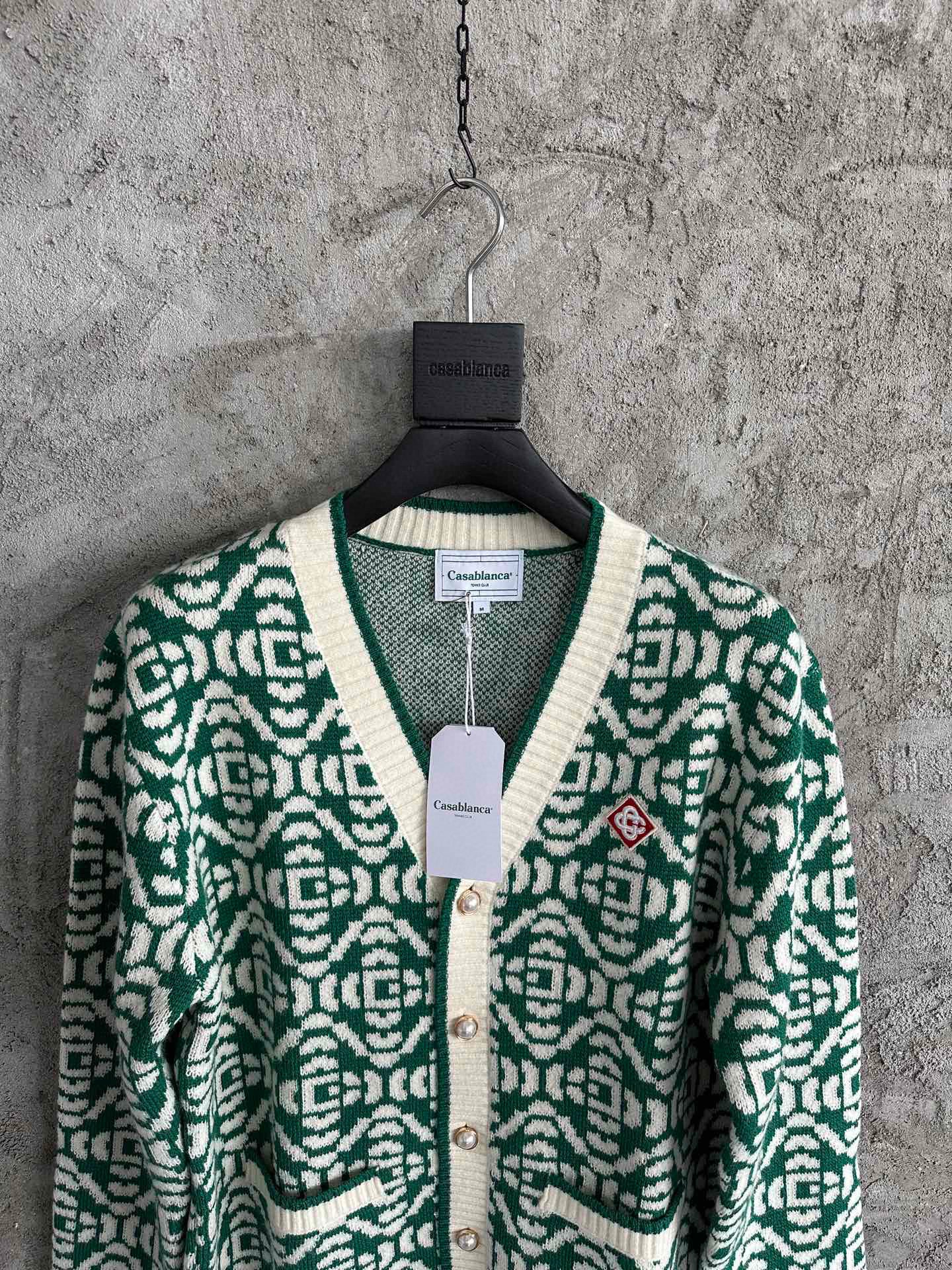 Casa Cardigan Vert et Blanc à motif à Logo en tricot Jacquard