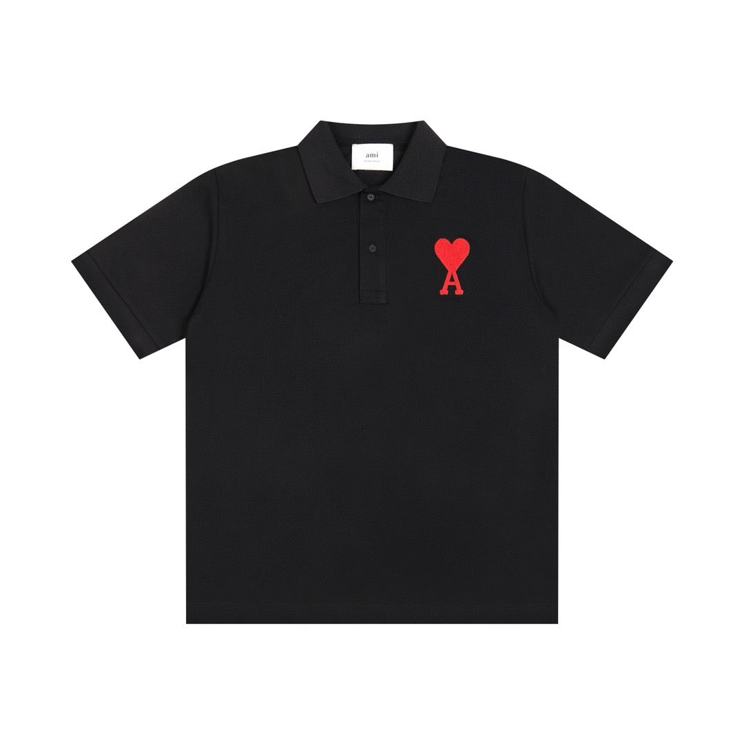 Polo noir à petit logo ami de cœur rouge