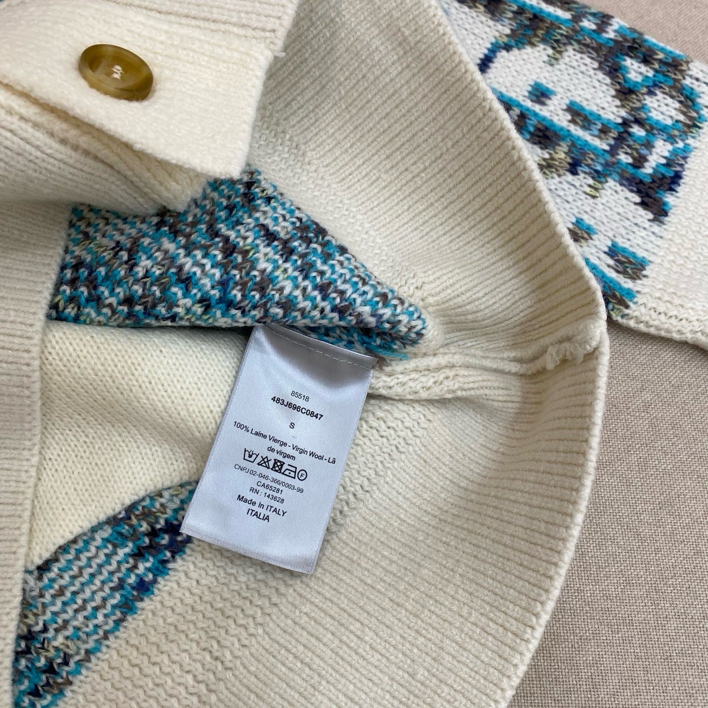 Cardigan CD Oblique Jacquard de laine vierge blanche et bleue