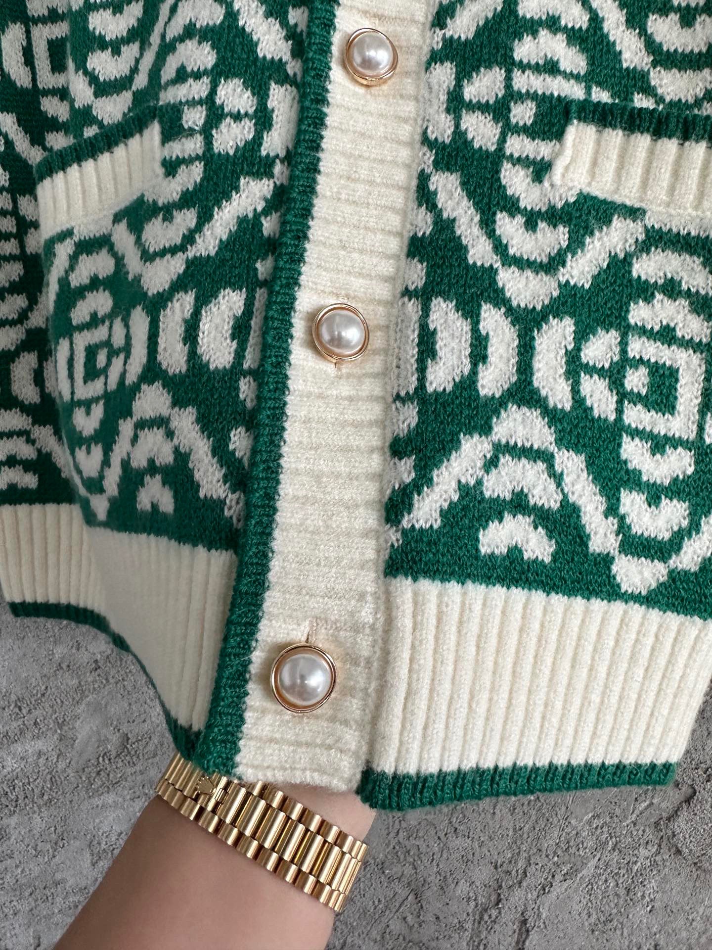 Casa Cardigan Vert et Blanc à motif à Logo en tricot Jacquard