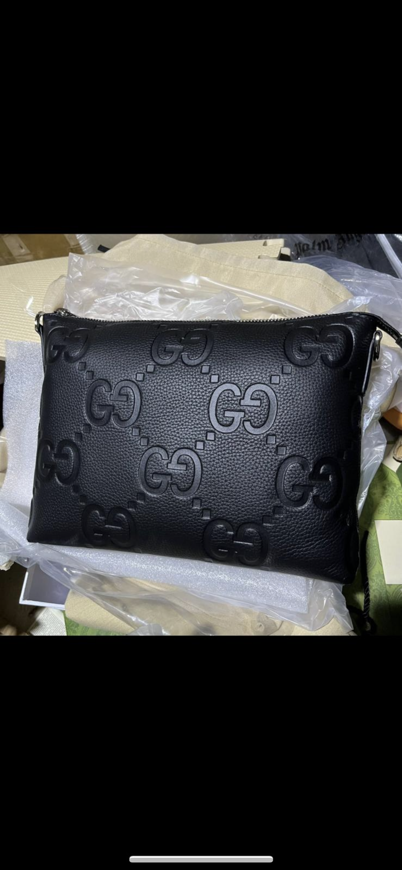 Gg jumbo black leather bag invoice
