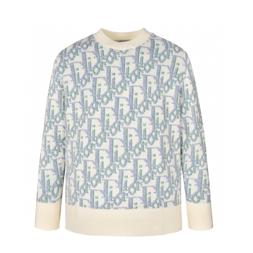 Pull CD Oblique Jacquard de laine vierge blanche et bleue