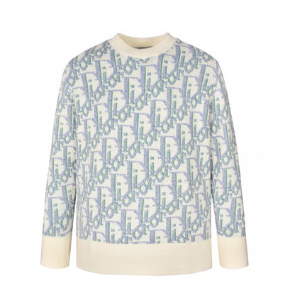Pull CD Oblique Jacquard de laine vierge blanche et bleue