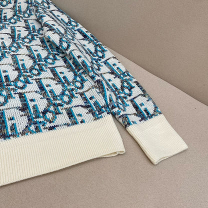 Pull CD Oblique Jacquard de laine vierge blanche et bleue