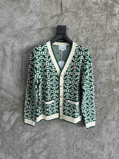 Casa Cardigan Vert et Blanc à motif à Logo en tricot Jacquard