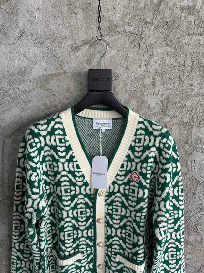 Casa Cardigan Vert et Blanc à motif à Logo en tricot Jacquard
