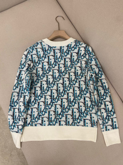Pull CD Oblique Jacquard de laine vierge blanche et bleue