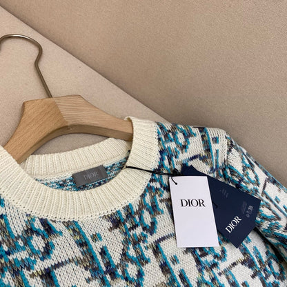 Pull CD Oblique Jacquard de laine vierge blanche et bleue