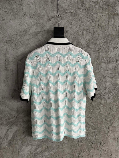 ENSEMBLE GRADIENT WAVE COTTON CROCHET SHORT SLEEVE SHIRT
