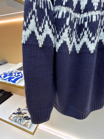 Pull col roulé Cd Maille d'alpaga, laine et coton bleu marine et blancs