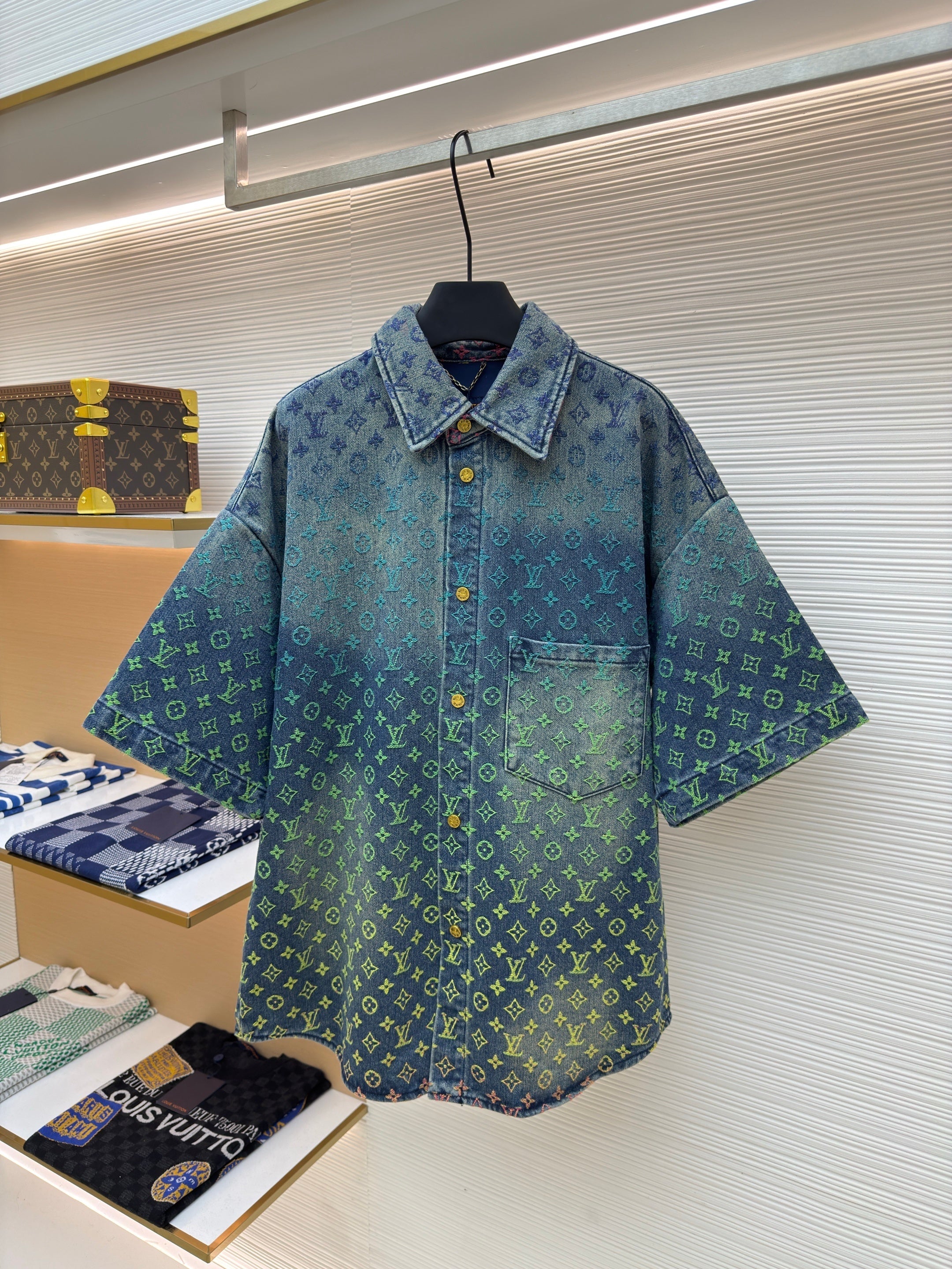 Chemise en jean à manches courtes Rainbow Monogram Indigo bleu