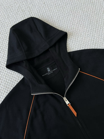 BRUNELLO CUCI Techno Cotton Zip-up Hoodie In Black