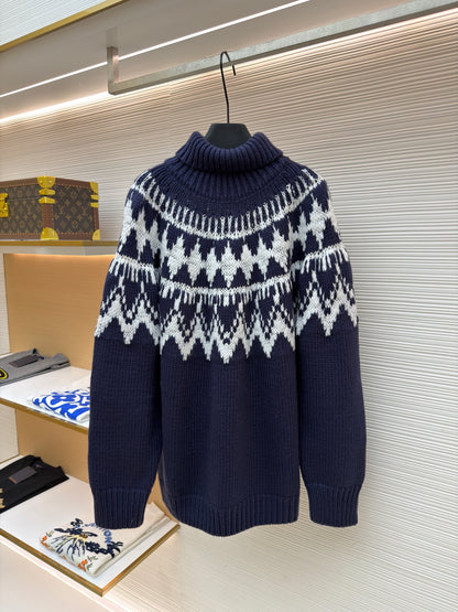 Pull col roulé Cd Maille d'alpaga, laine et coton bleu marine et blancs