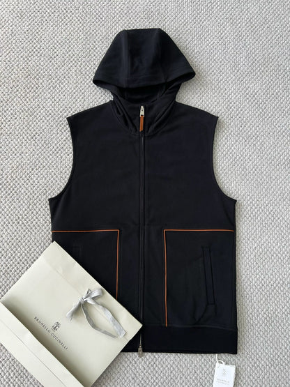 BRUNELLO CUCI Techno Cotton Hooded Gilet In Blue