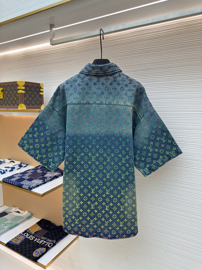 Chemise en jean à manches courtes Rainbow Monogram Indigo bleu