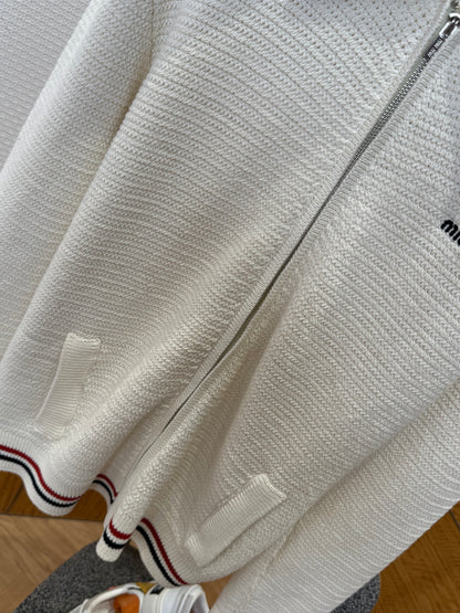 Cardigan Zippé en tricot de coton naturel Miu