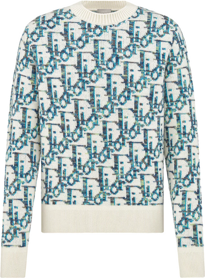 Pull CD Oblique Jacquard de laine vierge blanche et bleue