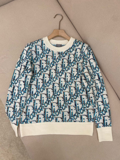 Pull CD Oblique Jacquard de laine vierge blanche et bleue