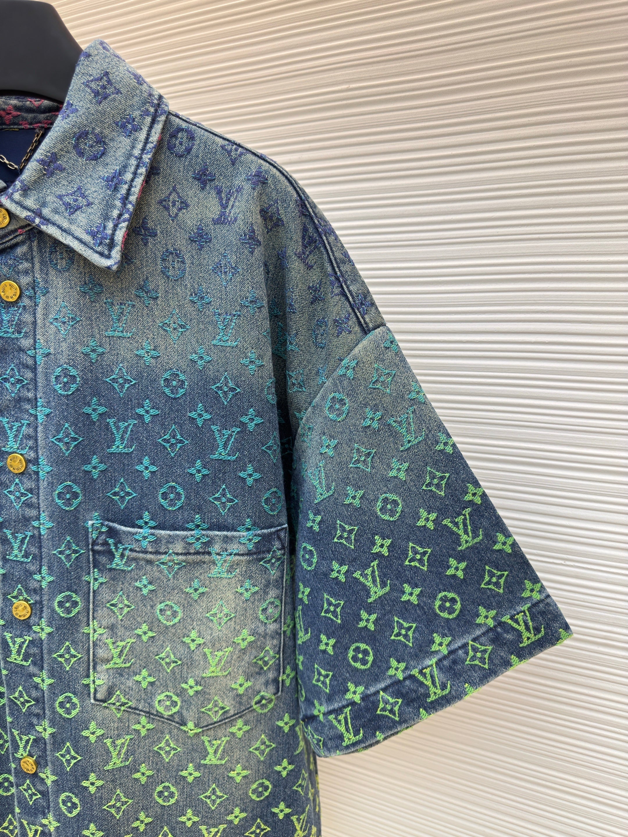 Chemise en jean à manches courtes Rainbow Monogram Indigo bleu