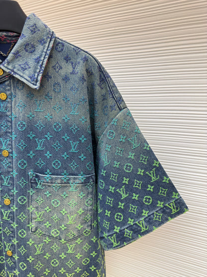 Chemise en jean à manches courtes Rainbow Monogram Indigo bleu