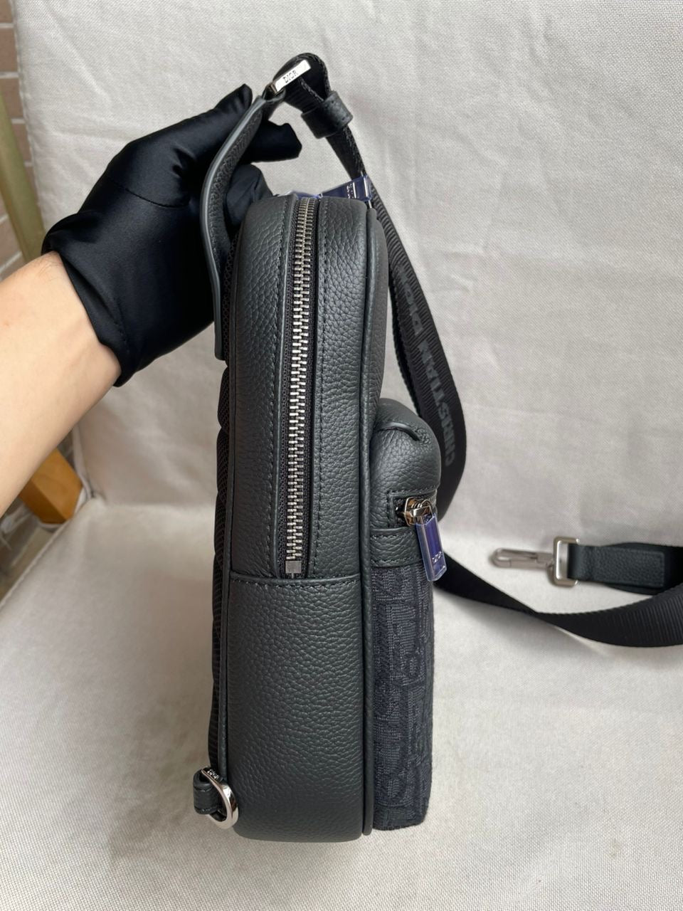Slingbag Rider 2.0 Toile jacquard CD  Oblique beige et noir et cuir de veau grainé noir  10/10