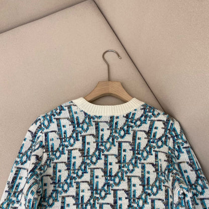 Pull CD Oblique Jacquard de laine vierge blanche et bleue