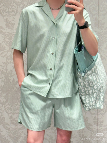 Ensemble Chemise à manches courtes CD Oblique Jacquard de soie et coton vert