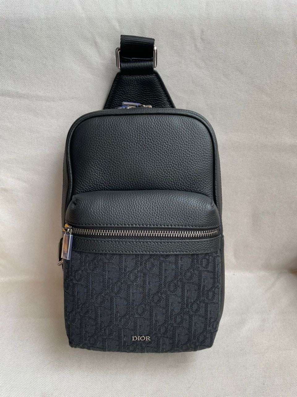 Slingbag Rider 2.0 Toile jacquard CD  Oblique beige et noir et cuir de veau grainé noir  10/10