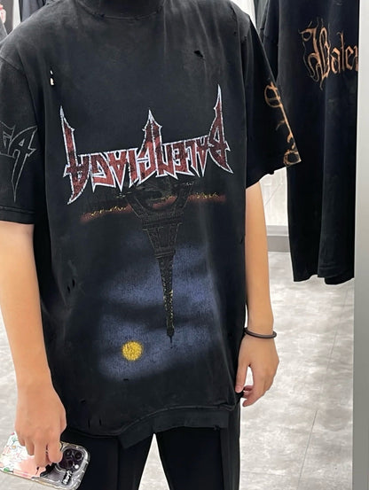 T-SHIRT UPSIDE DOWN PARIS MOON OVERSIZE EN NOIR DÉLAVÉ BLNCG