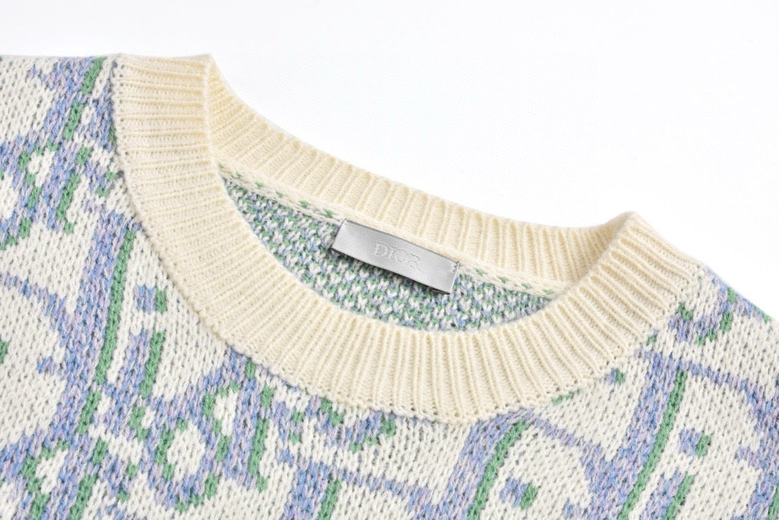 Pull CD Oblique Jacquard de laine vierge blanche et bleue
