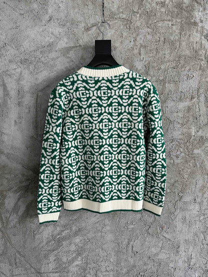 Casa Cardigan Vert et Blanc à motif à Logo en tricot Jacquard