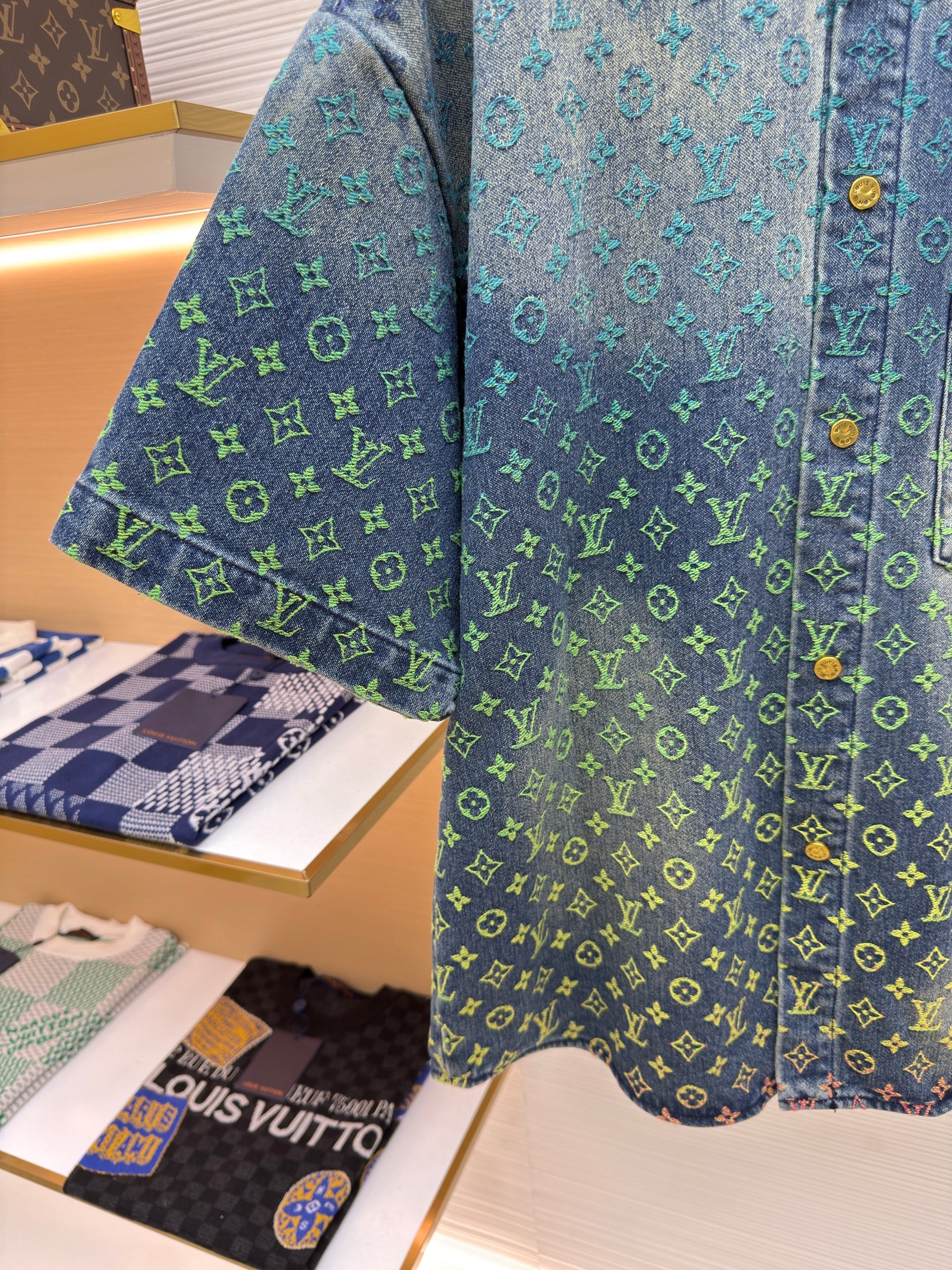 Chemise en jean à manches courtes Rainbow Monogram Indigo bleu