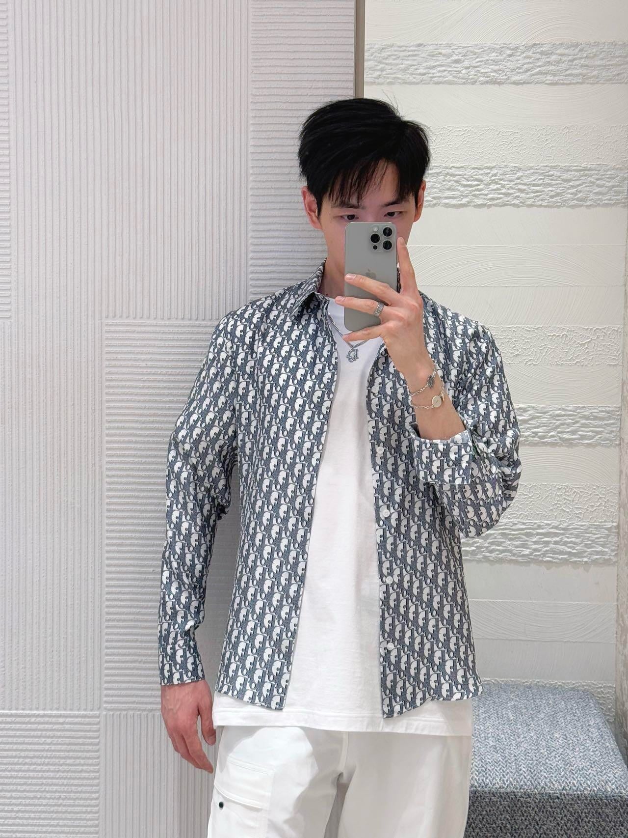 Chemise CD Oblique Sergé de soie blanche et bleue