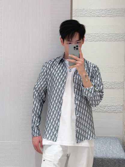 Chemise CD Oblique Sergé de soie blanche et bleue