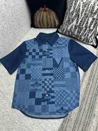 Chemise lv  manches courtes imprimée en denim