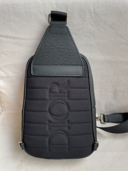 Slingbag Rider 2.0 Toile jacquard CD  Oblique beige et noir et cuir de veau grainé noir  10/10